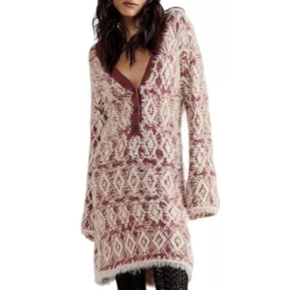 Free People Fuzzy Cardigan Sweater L Mulberry & Cream Buttons V-Neck Soft Boho - Picture 1 of 9
